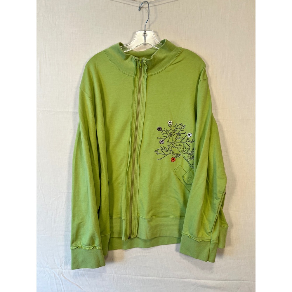 Kaktus Womens 3X Lime Green Floral Embroidered Full Zip Mock Neck Sweatshirt